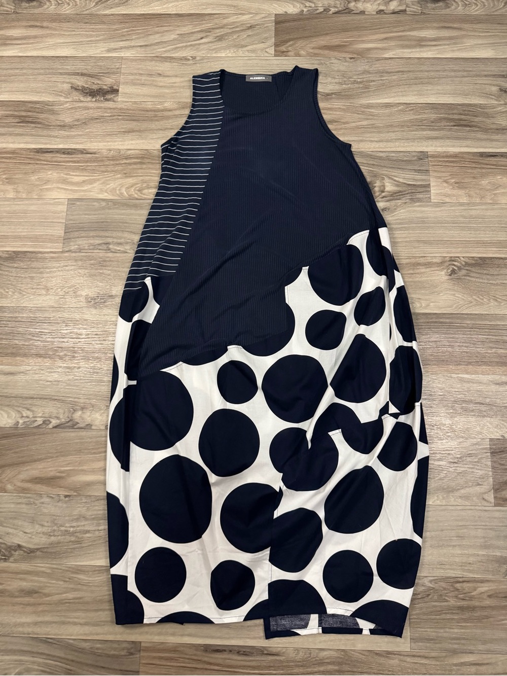 Alembika Mixed Media Ribbed Polka Dot Dress Navy Blue and White Size 1 US 6/8